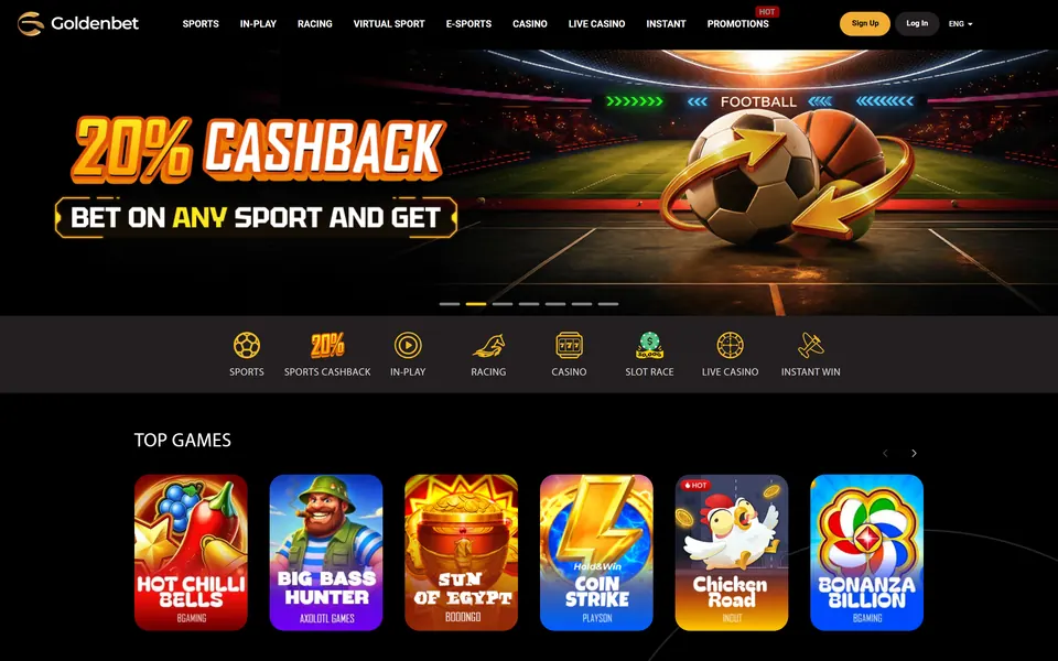 Goldenbet’s main page at goldenbet.com: the Goldenbet logo, a menu running from Sports to Promotions, a sports cashback banner and tiles for Sports, In-Play, Slot Race and Instant Win