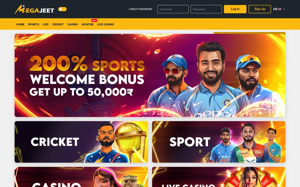Megajeet’s main page at megajeet.com: a yellow navigation bar with Cricket and Aviator under its logo, a sports welcome banner and Cricket and Sport cards