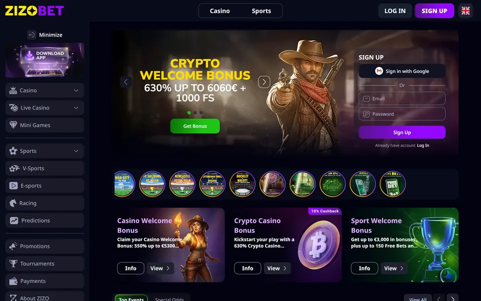 Zizobet’s main page at zizobet.com: the Zizobet logo, a side menu running from Casino to Payments with Predictions and Tournaments, a welcome banner and a sign-up panel
